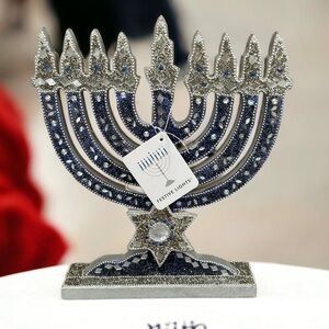 Judaica Menorah  Blue Silver Beaded Hanukkah Centerpiece Holiday Decor 11” Wood